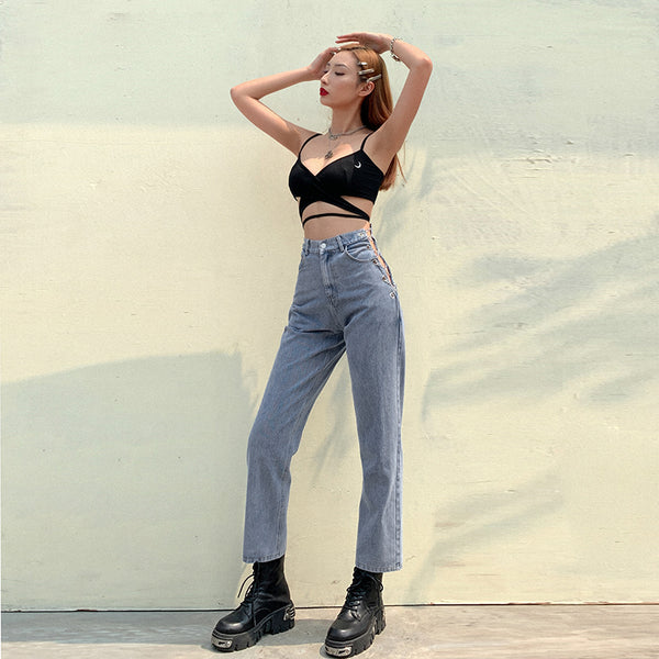 Side Slit Chain High Waist Jean