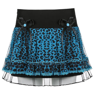 Buy blue Tight Leopard Print Lace-Bow Umbrella Skirt