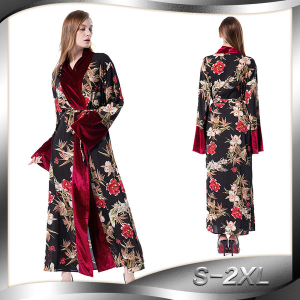 Women Floral Velvet Line Cardigan Robe