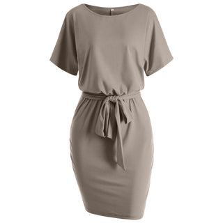 Women Round Neck Belted Skirt Dress