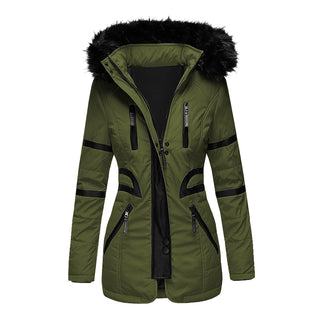 Buy green Women Contrasting Color Fur Collar Coat