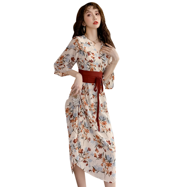 Floral Chiffon Belted Style Dress