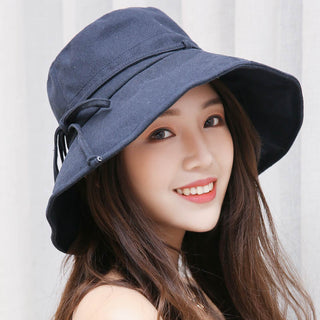 Buy blue Women Solid Colored Cotton And Linen Basin Folding Hat