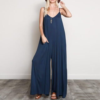 Buy navy-blue Summer V Neck Long Jumpsuits Casual Loose Rompers