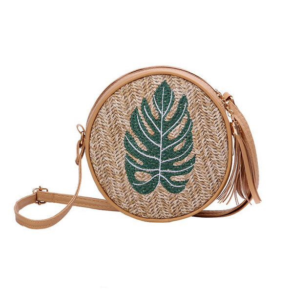 Fringed Patterned Straw Crossbody Bag