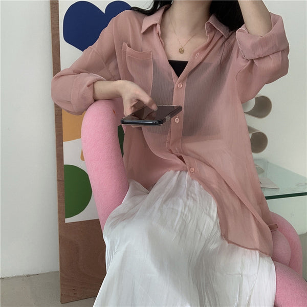 Chiffon See-through Collared Cardigan Top