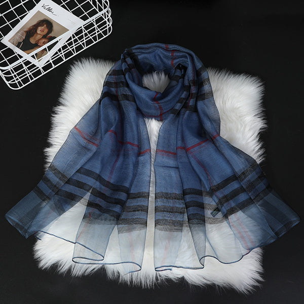 Women Classic Plaid Silk Scarf