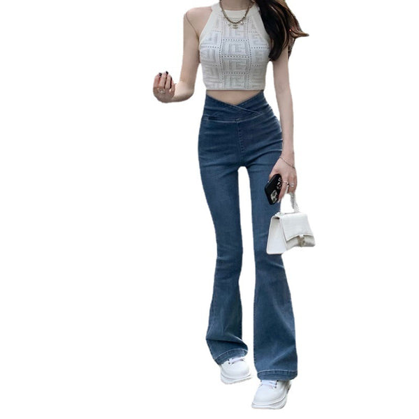 High Waist Crossed Hip Raise Slim Micro Flare Jeans