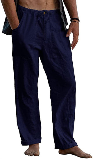 Buy blue Men&#39;s Linen Casual Drawstring Loose Pants