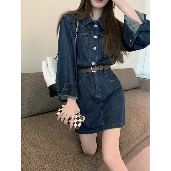 Temperament Long-sleeved Denim Belted Dress