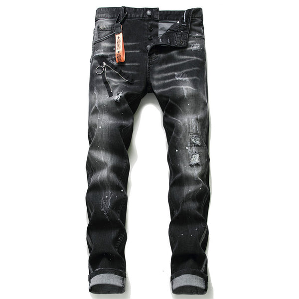 Men Black Stained Ripped Jeans