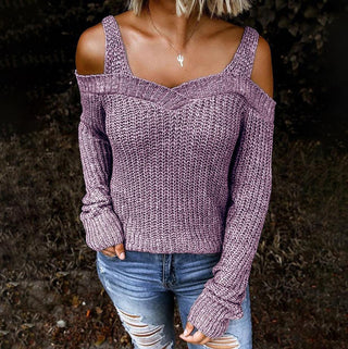 Buy purple Sling Off Shoulder Knit Long Sleeve Sweater