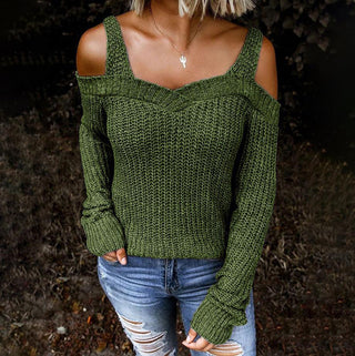 Buy green Sling Off Shoulder Knit Long Sleeve Sweater