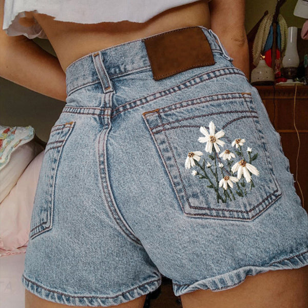 Floral High Waist Denim Shorts