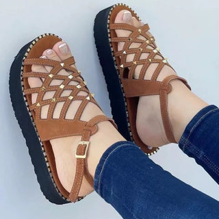 Grid Patterned Strap Rhinestone Thick Sole Sandals