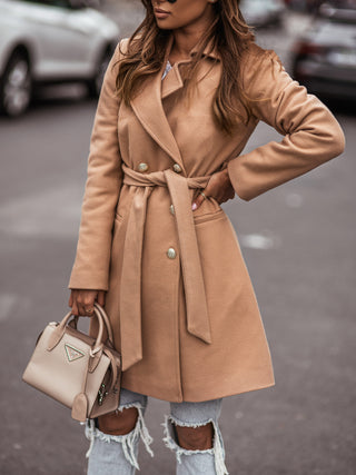 Buy khaki Women Leather Double-breasted Belted Blazer Coat