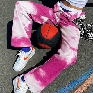 Buy pink Cloud Printed High Waist Straight Tie-dye Pants