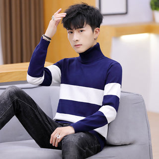 Buy blue Men High Neck Striped Sweater