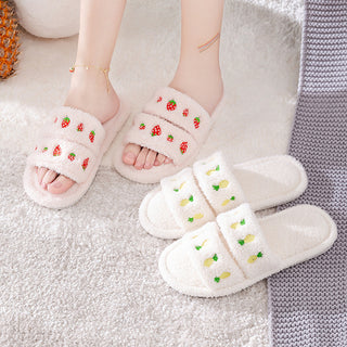 Women Flat Double Strapped Fruit Slip-on Plush Slippers