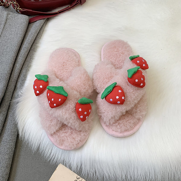 Fruit Cross Strapped Plush Slip-on Comfort Shoes