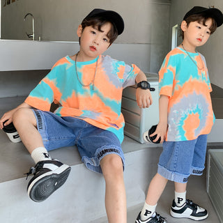 Buy orange Boys Loose Short Sleeve T-Shirt Shorts Set