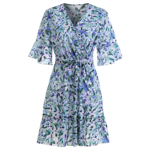 V-Neck Short-Sleeved Ruffled Floral Dress