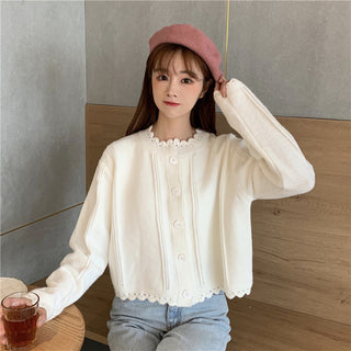 Buy white Round Neck Trimmed Hedge Cardigan Sweater