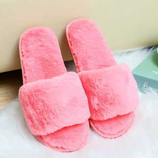 Buy deep-pink Women Open Toed Plush Slip-on Slippers