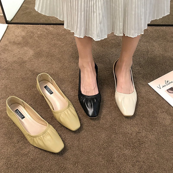 Women's Square Toe Pleated Loafers Slip-on Shoes