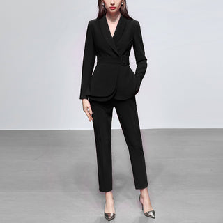 Buy black Two Piece V Neck Belted Casual Blazer &amp; Dress Pants