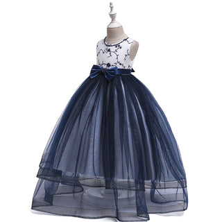 Buy navy-blue Girls Embroidered Net Yarn Long Skirt Dress