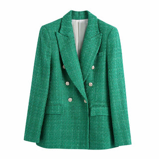 Buy green Women Textured Double-Breasted Plaid Blazer