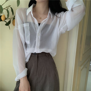 Buy white Chiffon See-through Collared Cardigan Top