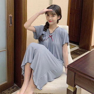 Buy grey Thin Short-sleeved Loose Bow Night Gown