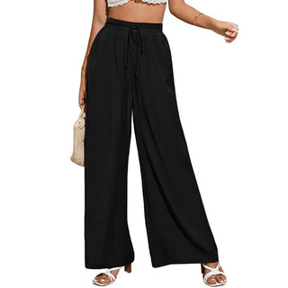 Buy black High Waist Elastic Waist Tie Loose Wide Leg Pants