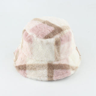 Buy pink Women Cotton Plush Plaid Flat-top Basin Hat