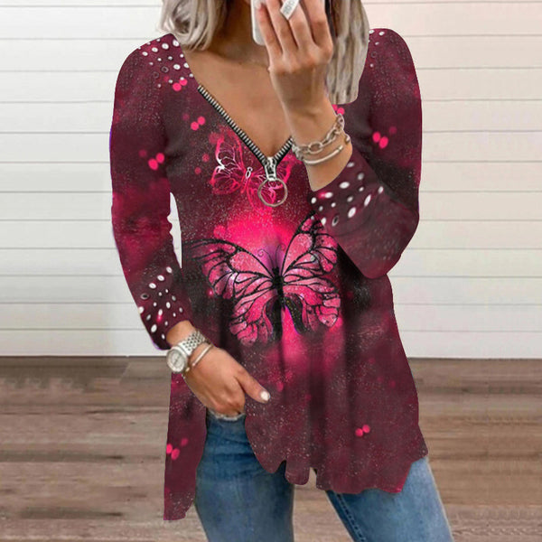 V-neck Zipper Pullover Pearl Print T-shirt