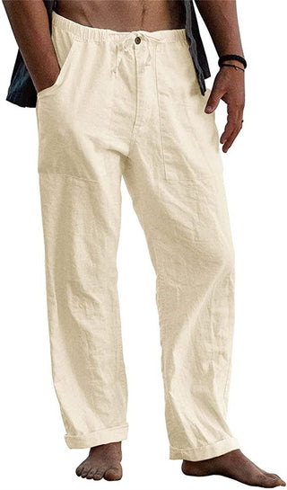 Buy khaki Men&#39;s Linen Casual Drawstring Loose Pants