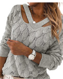 Feather Patterned Netted V-neck Off-the-shoulder Sweater