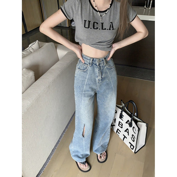 High Waist Slim Washed Cut Loose Jeans