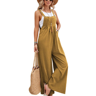 Buy earthy-yellow Overalls Casual Loose Rompers Jumpsuits With Pockets