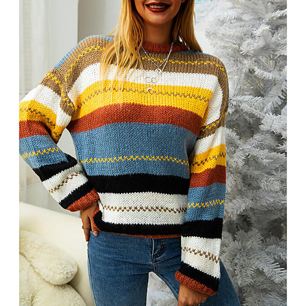 Stripe Stitching Round Neck Long-Sleeved Sweater