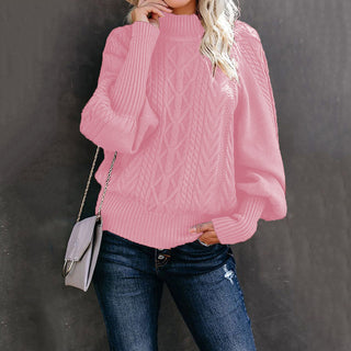 Buy pink Mid Neck Loose Knit Solid Color Sweater