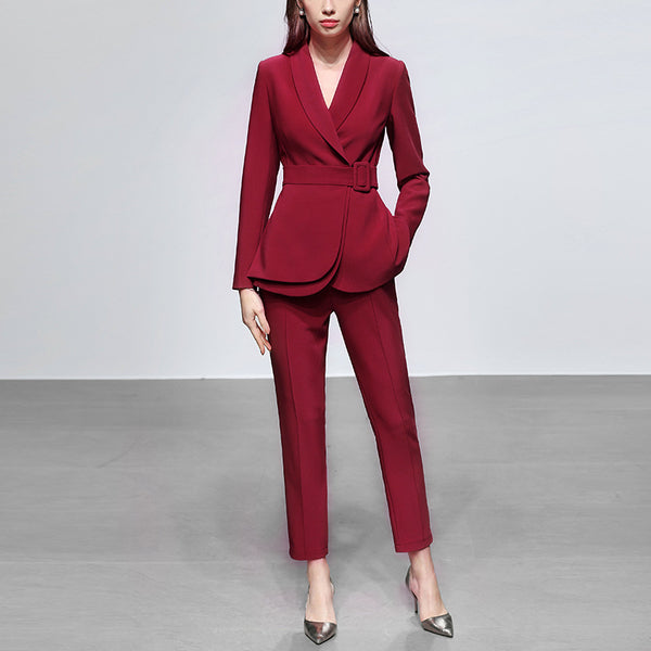 Two Piece V Neck Belted Casual Blazer & Dress Pants