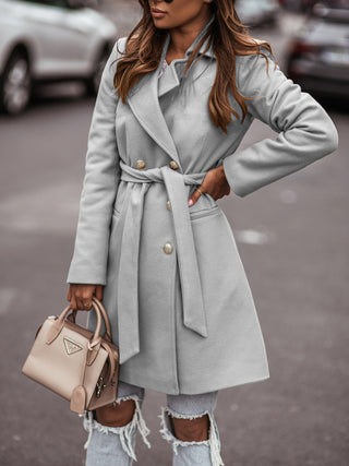 Buy grey Women Leather Double-breasted Belted Blazer Coat