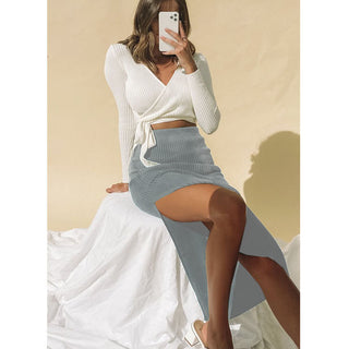 Buy gray Temperament High-Waist Irregular-Slit Skirt