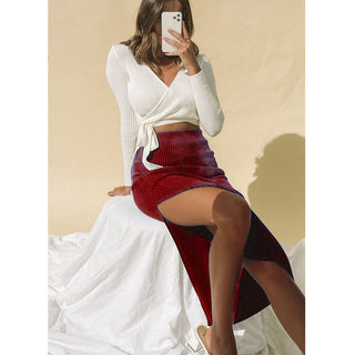 Buy red Temperament High-Waist Irregular-Slit Skirt