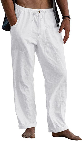 Buy white Men&#39;s Linen Casual Drawstring Loose Pants