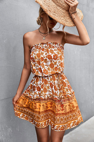 Buy orange Women&#39;s Bohemian Floral Strapless Dress