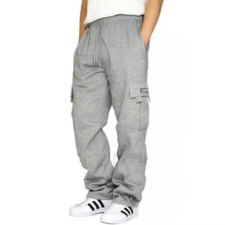 Buy grey Men Sweatpants Stretch Elastic Waist Jogger Sports Pants Drawstring Trousers